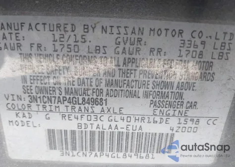 2016 Nissan Versa 1.6 S из США, поврежденный, VIN 3N1CN7AP4GL849681